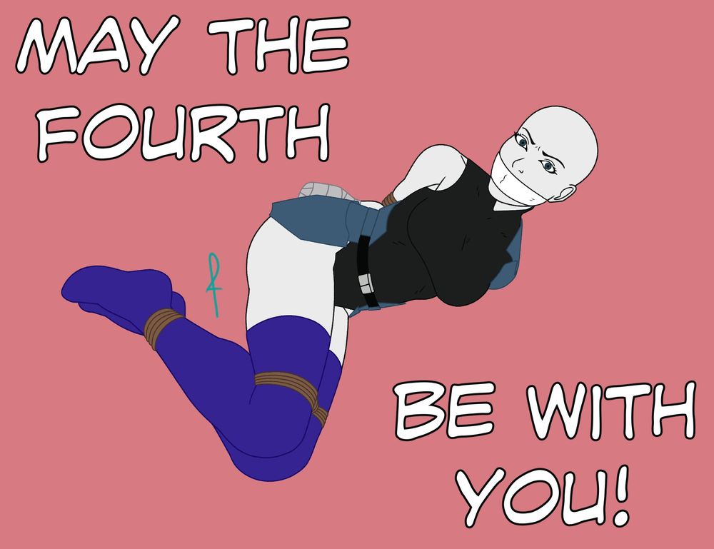 Fanart of Asajj Ventress in bondage, bound with rope, tape, and gagged with an OTM in celebration of Star Wars Day on May 4th.