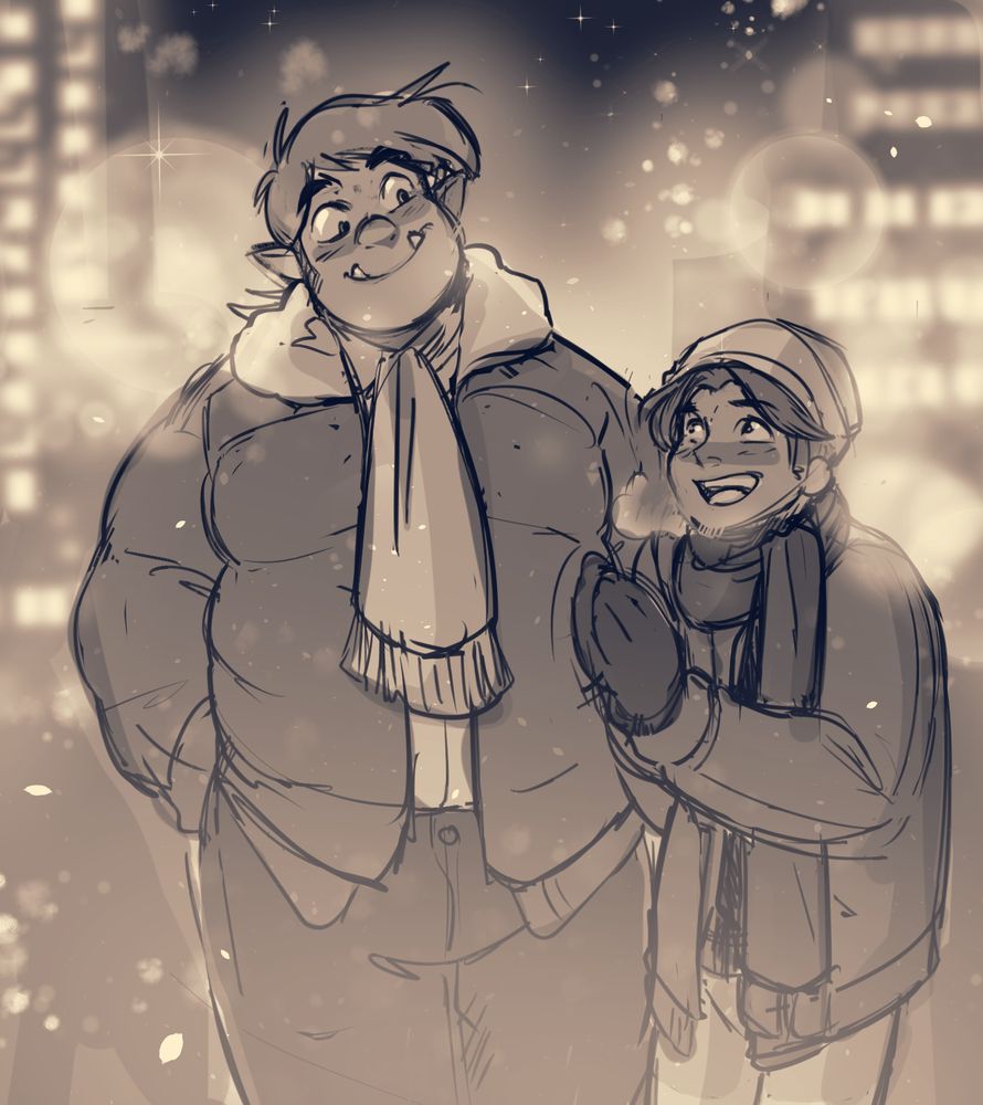 An orc and a human in modern day wear in modern day winter in modern day.