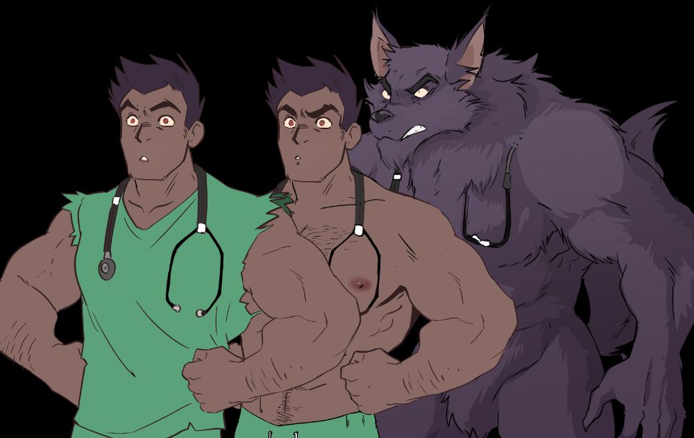 Dylan Thrope sprites from the old SMQ Videos (before it became a comic.) You know those MONKE EVOLVES TO MAN illustrations from biology books? Well it's like that but it's like Swarthy, Muscular Nurse Himbo with Absent Minded Looking Eyes evolves to determined muscle himbo with no nurse scrubs on, and into fearsome werewolf with a stethoscope. Just as Charles Darwin, DJ Chucky D, would have it.
