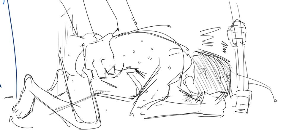 A sketch of a government agent bent over and being fucked by someone whose large hands look like they can wrap around his official waistline. He is punching the ground in front of him in some sort of sexual frustration. Like the frustration I feel when I work all morning and it feels like nothing got done. Sometimes, I just wish weeks were 20 days long so I could not feel like a failure every time a horrifying friday rolls in. I hate fridays. Like, JUST as my art keeps warming up, BAM, weekends. Horrible. Then I have to start all over on Monday. One must imagine Sisiphus happy? As if. This rock is made of 2 comics and a million drawings that never feel like enough. I just want to cry and then disappear into the [Nandor the Relentless voice] aeeeether.