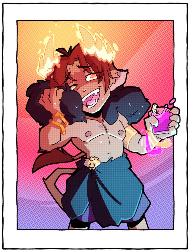 A chibi illustration of a fuckboy lion demon king with a glowing crown that floats around his head. He's wiping his face dry with his mane, which also seems to double as a towel.