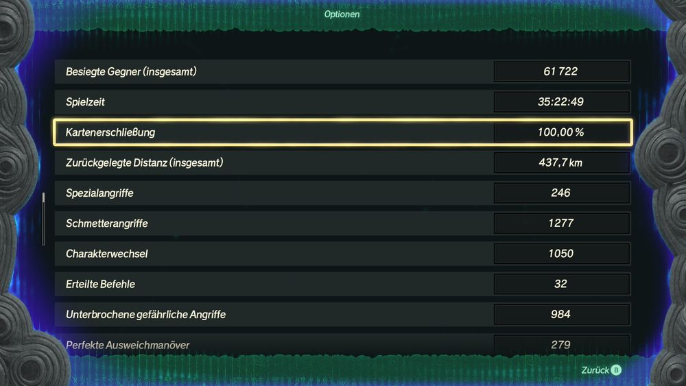 The records menu of Hyrule Warriors: Age of Imprisonment, depicting 100% map completion.