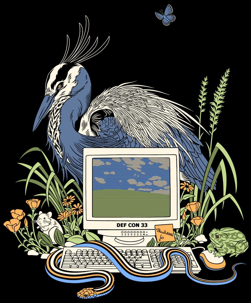 Old computer surrounded by an acmon blue butterfly, western harvest mouse, California toad, great blue heron, San Francisco garter snake, California poppies, giant wildrye, and California bush sunflower. *J8wwDo8006