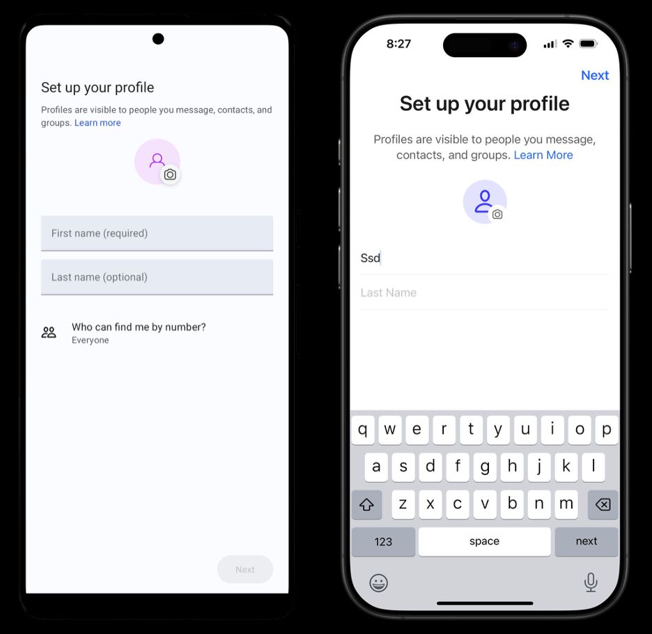 Screenshots of the Signal profile set up on phone mockups.
Text reads: "Set up your profile:
Profiles are visible to people you message, contacts, and groups."