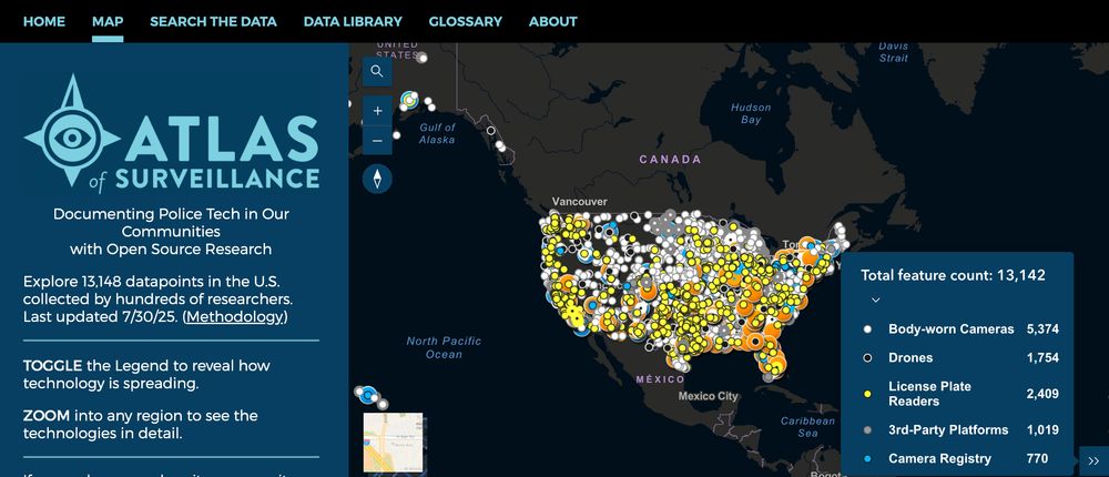 A screenshot of the Map from the Atlas of surveillance, showing over 13,000 datapoints across the US