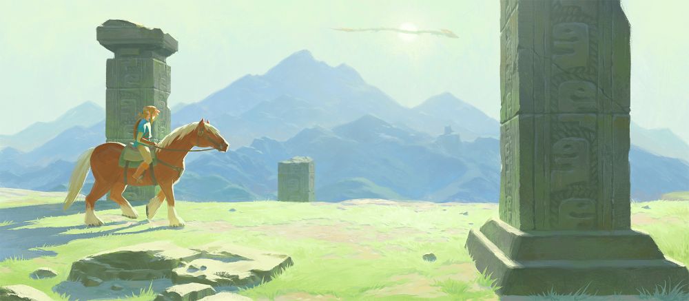 A digital painting of Breath of the Wild Link, riding Epona, looking up at Dinraal as she flies in front of the sun, heading to the right. On the left side of the painting, Epona walks to the right along a grass-covered cliff with three crumbling stone Zonai pillars. The two on the left sit behind the cliff, lower down the mountain while the one on the right is in the foreground. There’s a thick layer of atmosphere that separates three layers of mountains from the foreground cliff. They are lit from behind by the sun which sits above them. It’s a high key painting so areas lit by the sun are compressed and brighter than they would normally be with some areas coming close to white. Shadows are in the middle value range and contain most of the detail in the painting.
