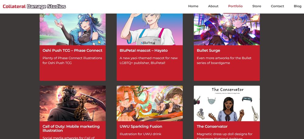 A screenshot of Collateral Damage Studios' portfolio page. Updated with all their latest projects. There's a lot of pretty artworks there! 