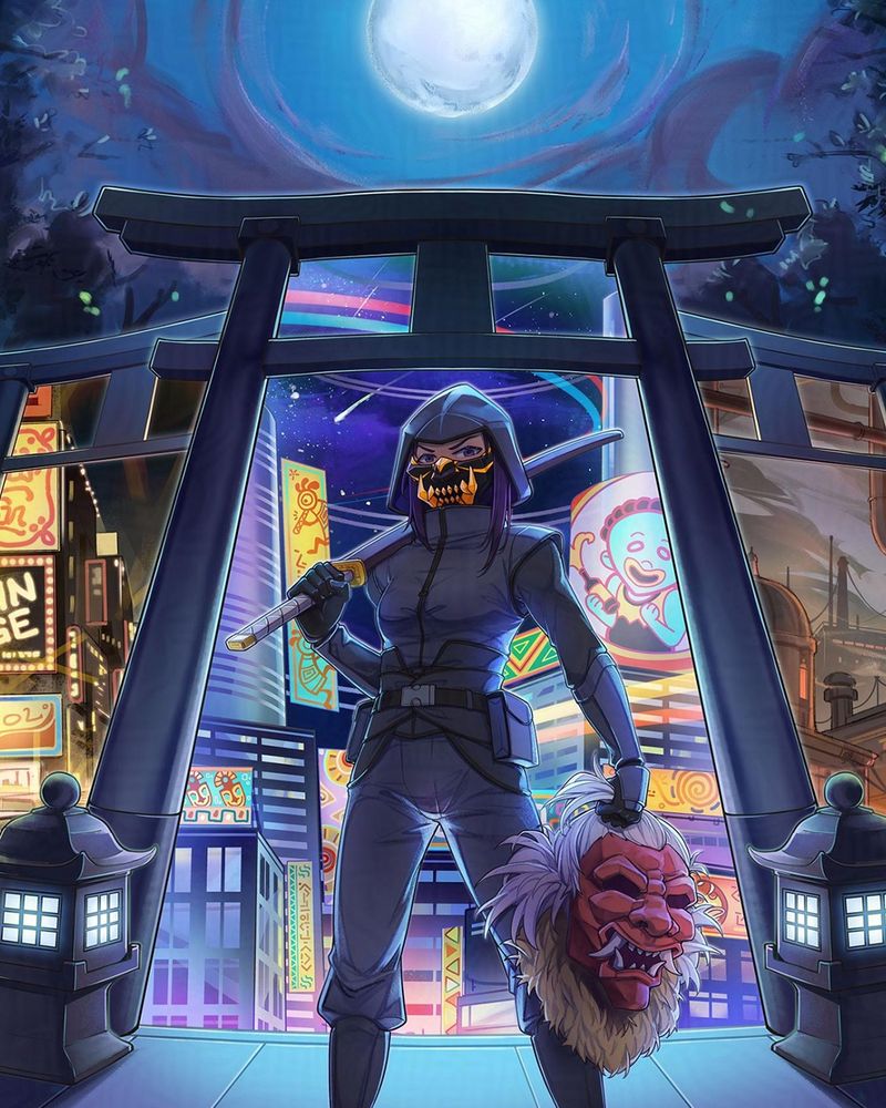 Cover artwork for Shadow Scar. Featuring a ninja holding a yokai's head before a bunch of portals to other worlds. By GSong