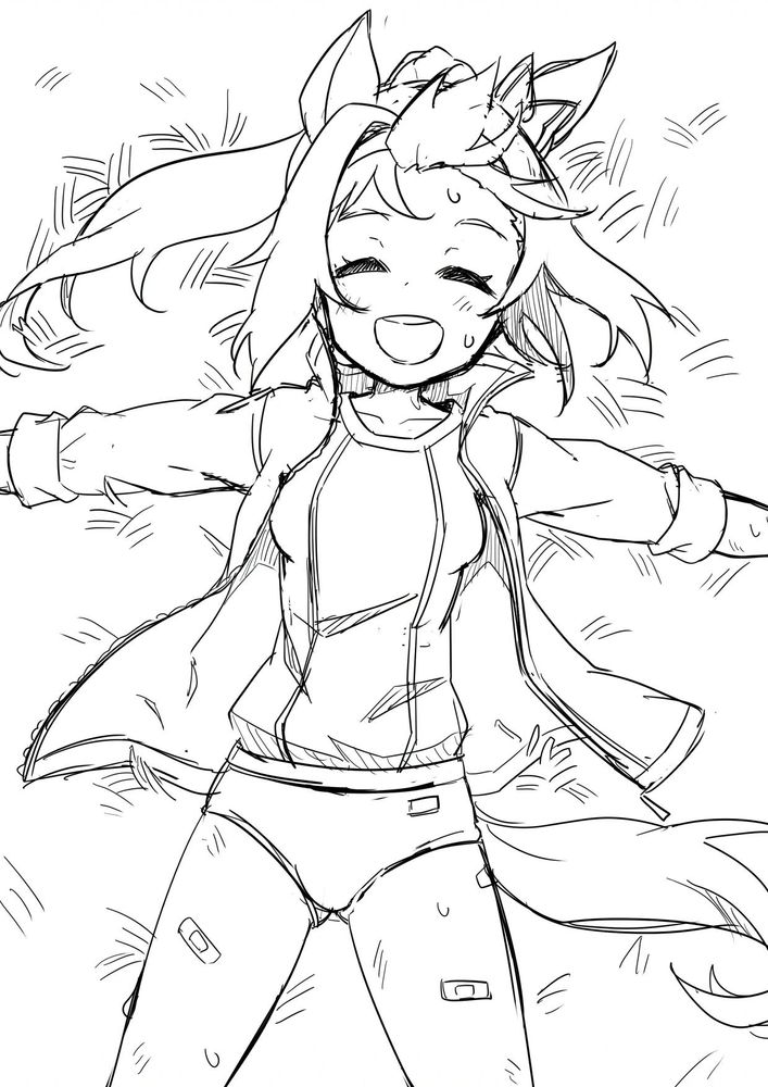 Sketch of Haru Urara from Umamusume. She is lying among hay with a wide smile.