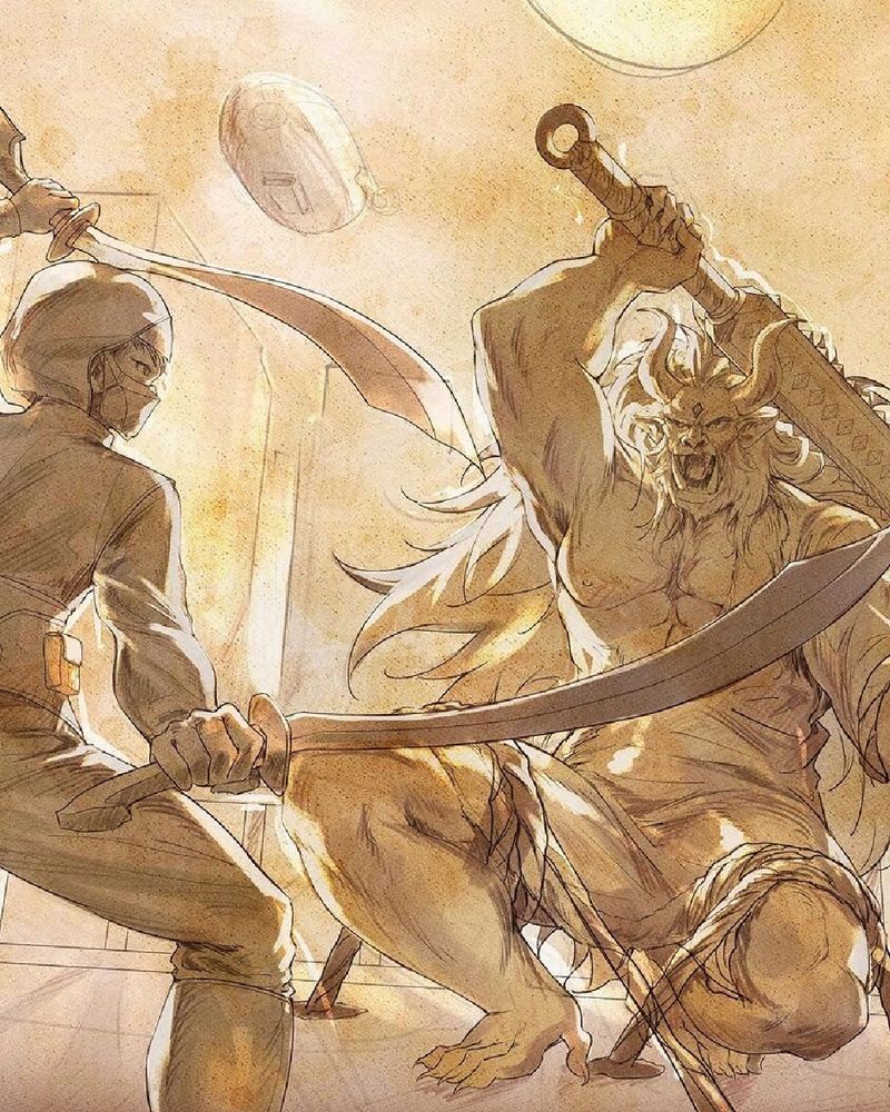 A sketchy artwork featuring a ninja facing off against an ogre. Art by Usanekorin