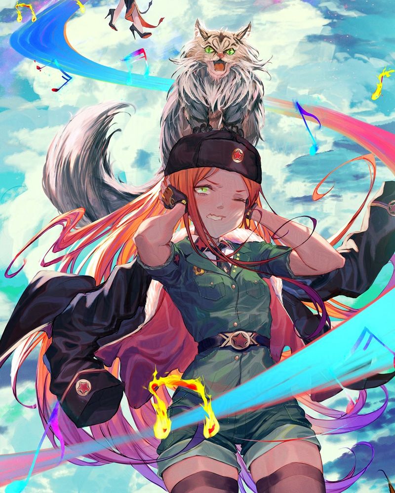 Beethoven the cat on top of Esfir, a girl with tanned skin and Soviet inspired costume. The noise is loud and Esfir is trying to block her ears with her hands. Art by Usanekorin