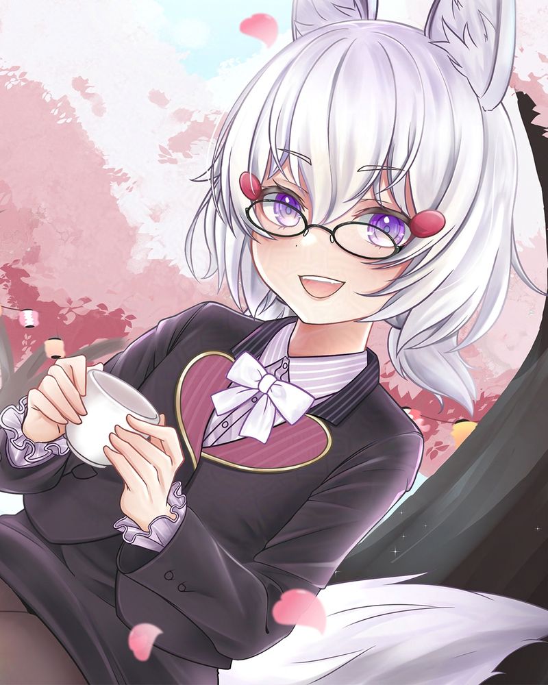 Tenma, vtuber under Phase Connect. She is enjoying a cup of... something under sakura. Art by Mr.2d, Lim Si Yin and Emily Chai. 