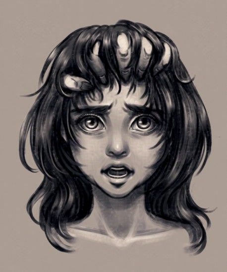 A black and white artwork of a woman's  head. Fingers are coming out of it. 