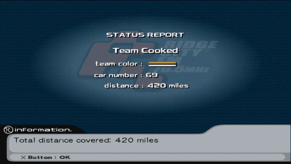 Ridge Racer V Status Report:
car number: 69
distance driven: 420 miles