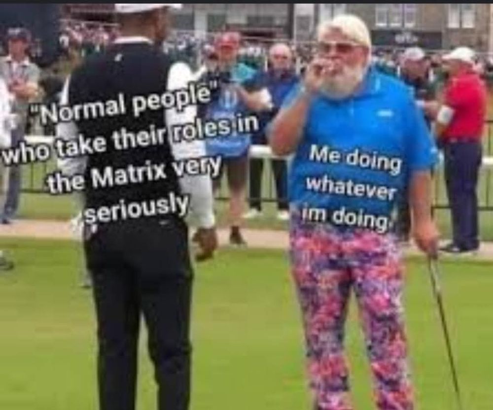 A meme with a professionally dressed man that says "Normal people who take their roles in the Matrix very seriously," staring at a man who is smoking and dressing flamboyantly that says, "Me doing whatever I'm doing."