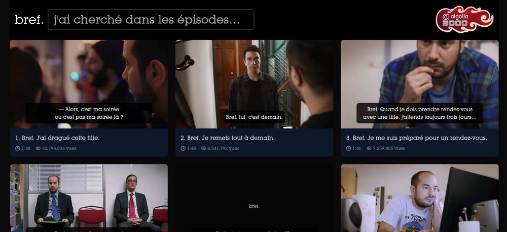 Une capture écran du site, permettant de chercher dans tous les dialogues (et monologues mentaux) de Bref, Saison 1.
