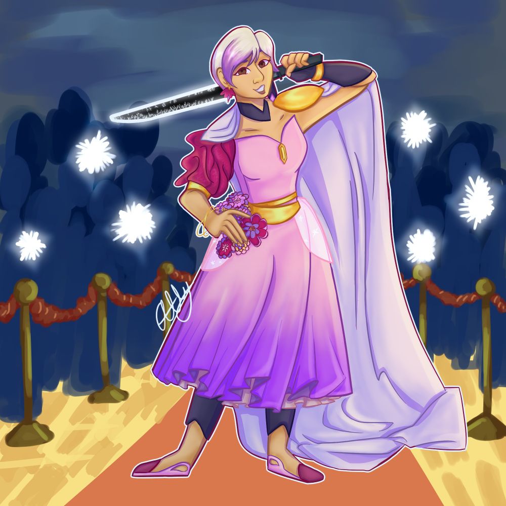 Sabine Wren from Star Wars Rebels, she is wearing a pink dress and a white cloak. She is dressed up for a gala, with flowers on her right waist, gold belt and gold accessories, she wields the Darksaber and smiles confidently at the user.
She is on a mock red-carpet backdrop.