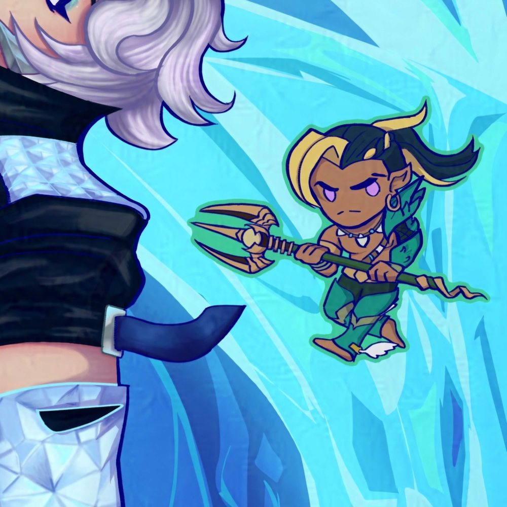 Close up of the Namor sticker detail. He is drawn in a chibi artstyle, holding his trident and looking to the left of the screen sternly. 