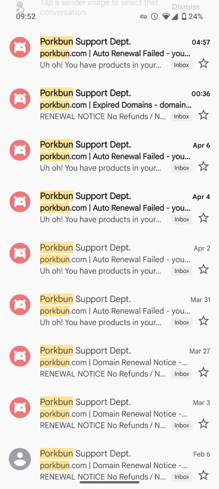 screenshot of gmail. 9 porkbun (registrar) emails about an expired domain that i forgot was still on auto-renew and that i do not care about. 