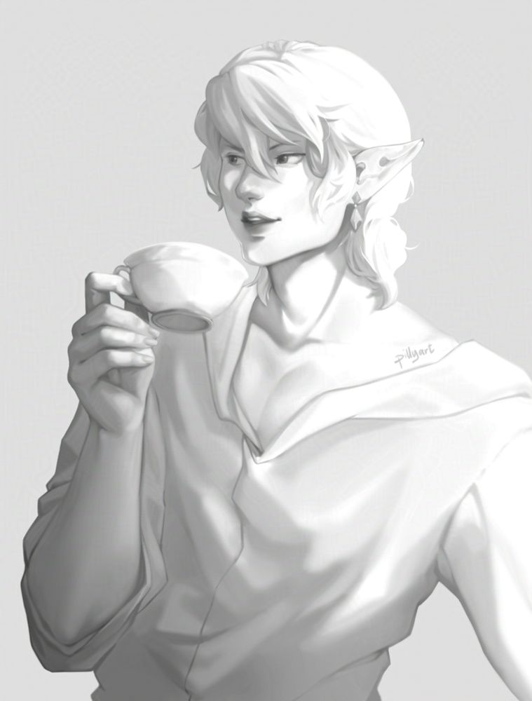 black and white sketch of aymeric from ffxiv sipping on a cup of tea