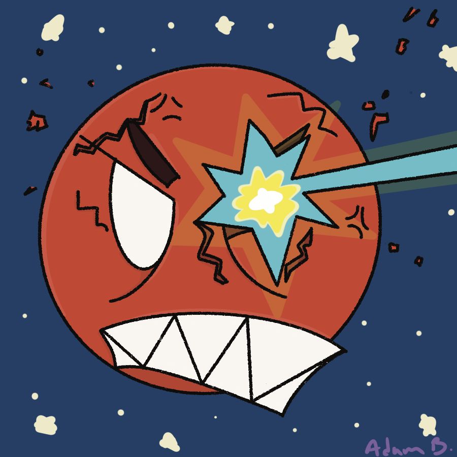 Roy's art fight character, Angry Boy, as a moon getting shot in the eye with a GIANT LAZER BEAM! (A drawing by Adambreon.)