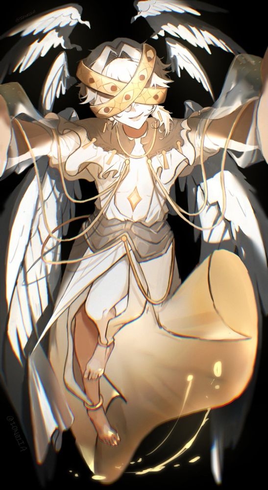 angelic figure with eight wings floating in the void with arms positions forward holding the camera. 
