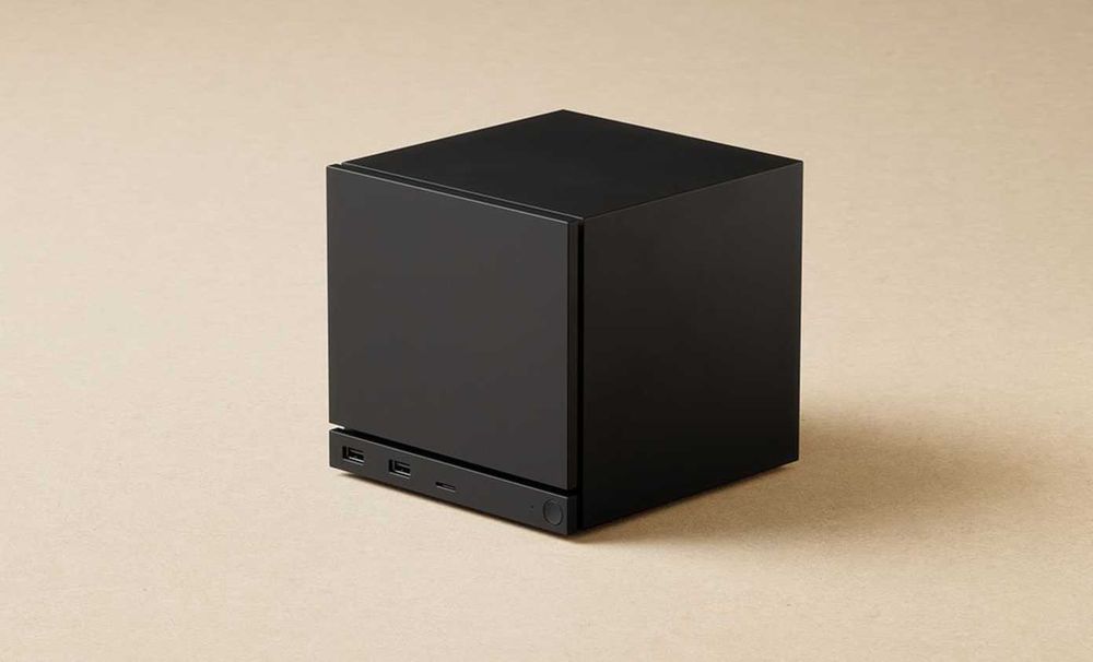 Image of Steam's new Steam Machine, a gaming console in the shape of an almost solid black cube, placed on a beige background.