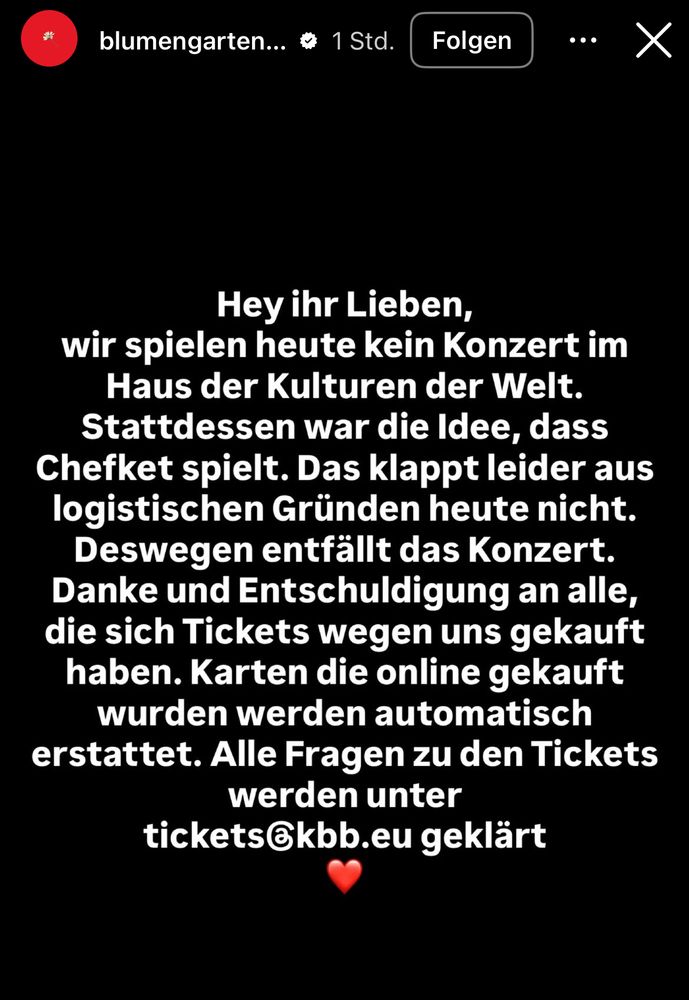 Blumgarten Insta Story zur Konzertabsage im HKW Berlin
