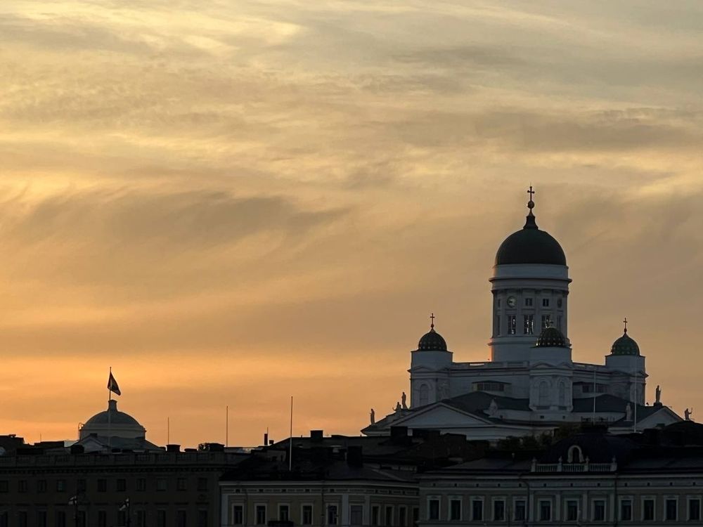 One of the churches in Helsinki at sunset