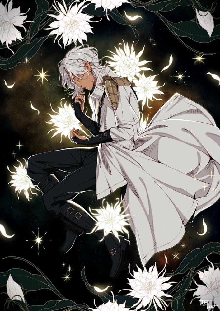 Illustration of my OC Cielle. He sleeps on a backdrop of a golden galaxy with his white coat draped behind him. Queen of the Night flowers (epiphyllum oxypetalum) surround him and frame the illustration. He sheds tears of light that sparkle throughout the galaxy.