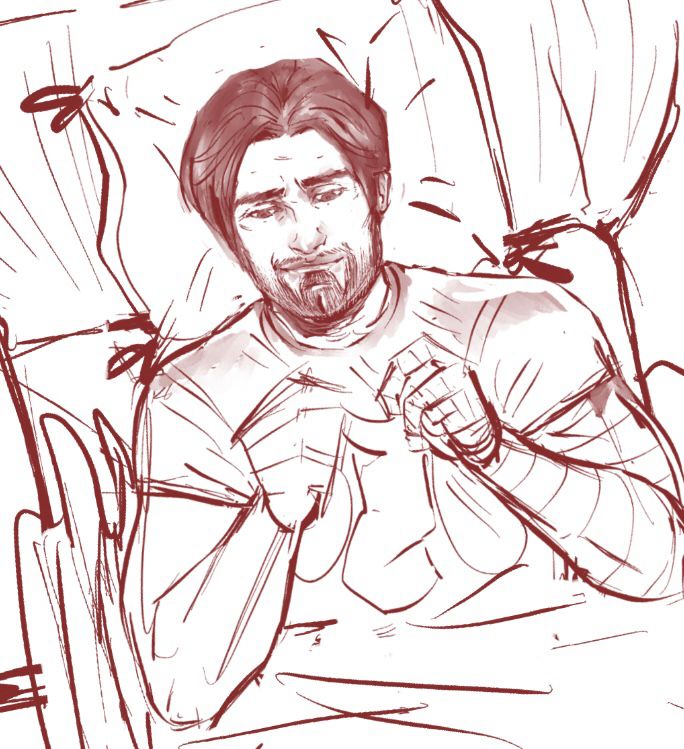 A sketch of Bucky Barnes all cozy on the couch, under a blanket and knitting 