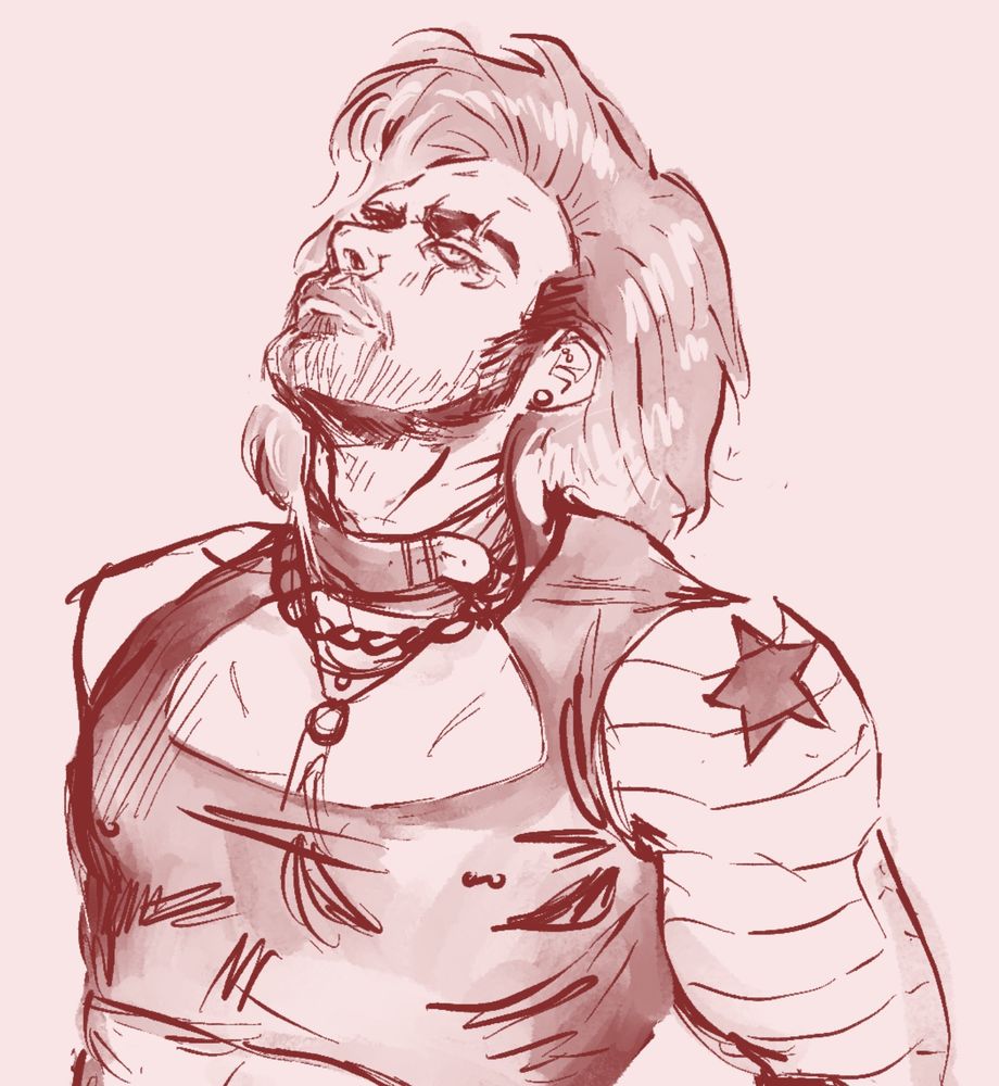 A sketch in red of Bucky Barnes, he’s wearing a crop top with a boob window, layered necklaces, and long hair. He’s tilting his head back 