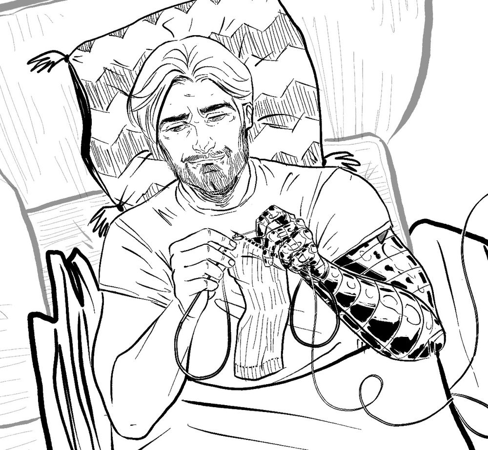 A crop of a bigger piece— Lineart of Bucky Barnes knitting a sock while laying on the couch 