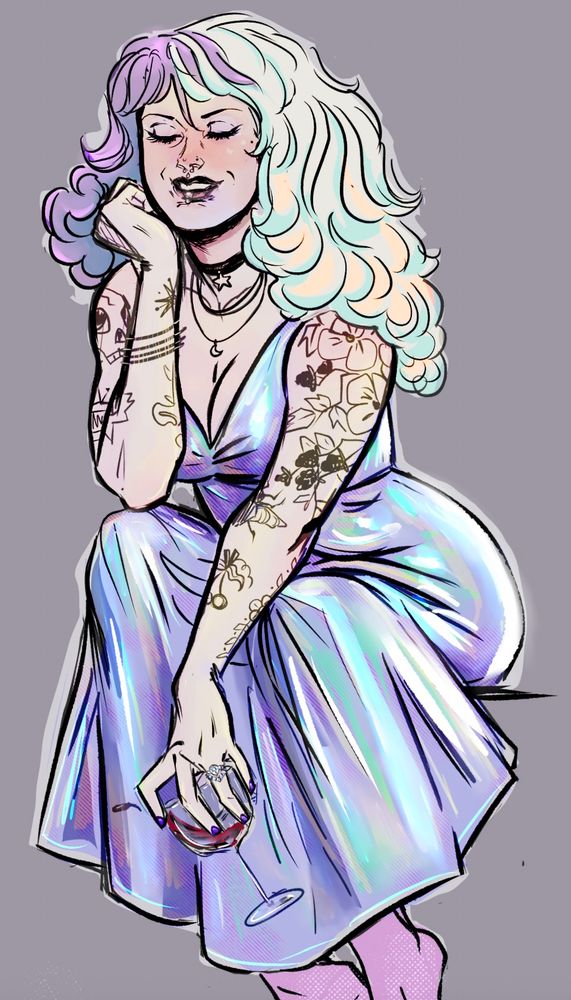 A drawing of a woman in an iridescent purple/green/blue dress holding a wine glass