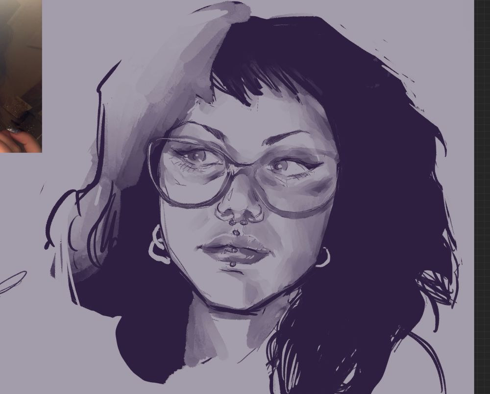 A purple sketch on a purple bg of a woman with glasses and piercings looking away 