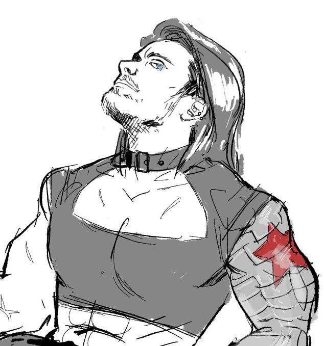 A sketch in grey of Bucky Barnes, he’s wearing a crop top with a boob window, and long hair. He’s tilting his head back 