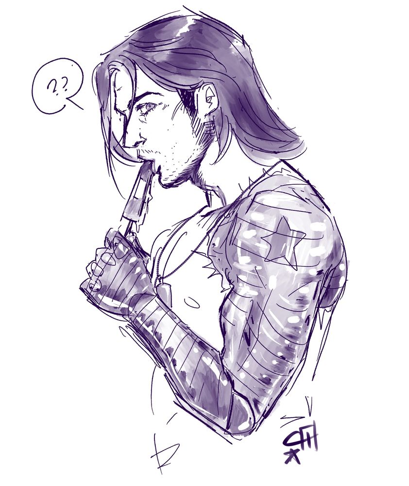 A sketch of Bucky Barnes eating a popsicle based on that meme pic 