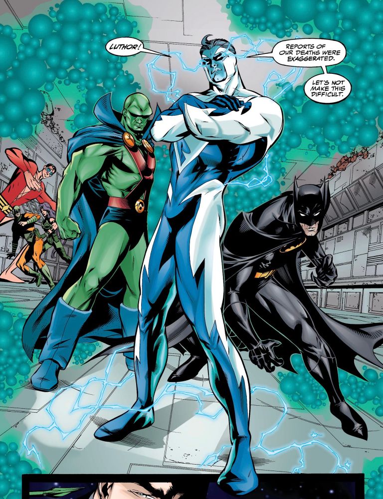 Blue Superman with Batman, Martian Manhubter, Plastic Man, and Mirror Master in the background. Dialogue reads Luthor, reports of our death were exaggerated. Let's not make this difficult.