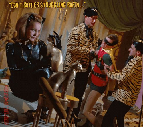 Catwoman (Batman 1966) with her henchman holding Robin