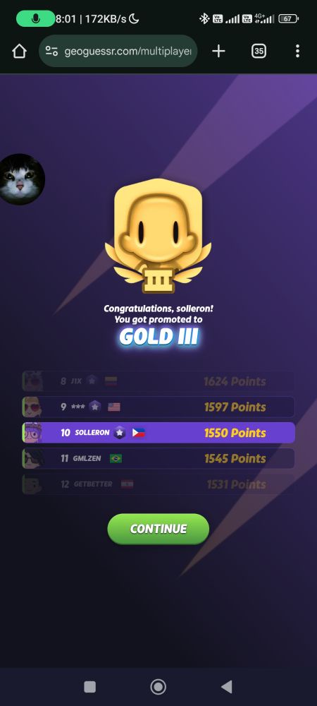 sollerön advancing to gold 3 in geoguessr, with 1550 points.