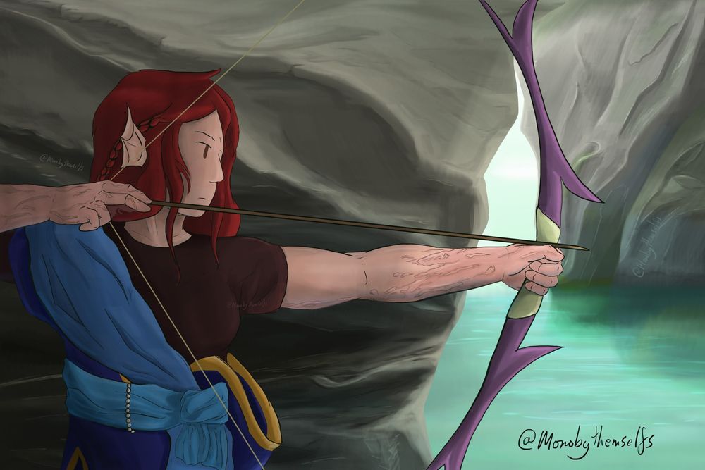 Mythril SMP character Katie drawing back a purple bow (Artemis' bow) with the bow arm out of its sleeve. She is standing in a river behind a large cliff/ rock 
