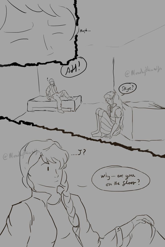 Skye wakes up from her sleep in the room J had reserved for her after hearing something.
Skye: Hmph... AH!
J: Skye?
Skye sits up: ...J? why... are you on the floor?