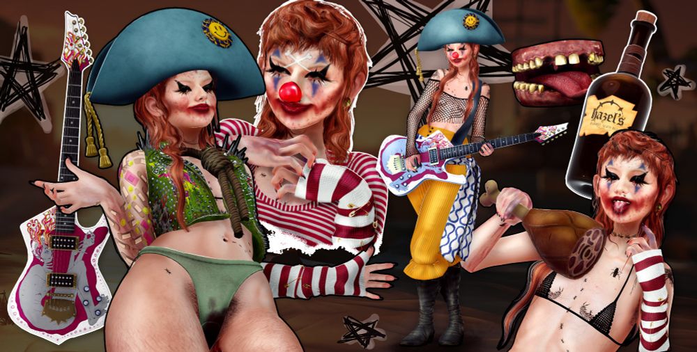 Collage of a secondlife avatar persona named gross.. they are dressed as a pirate clown showing off some of the items you can purchase within the game. a pirate hate, guitar, ham, teeth, etc. 