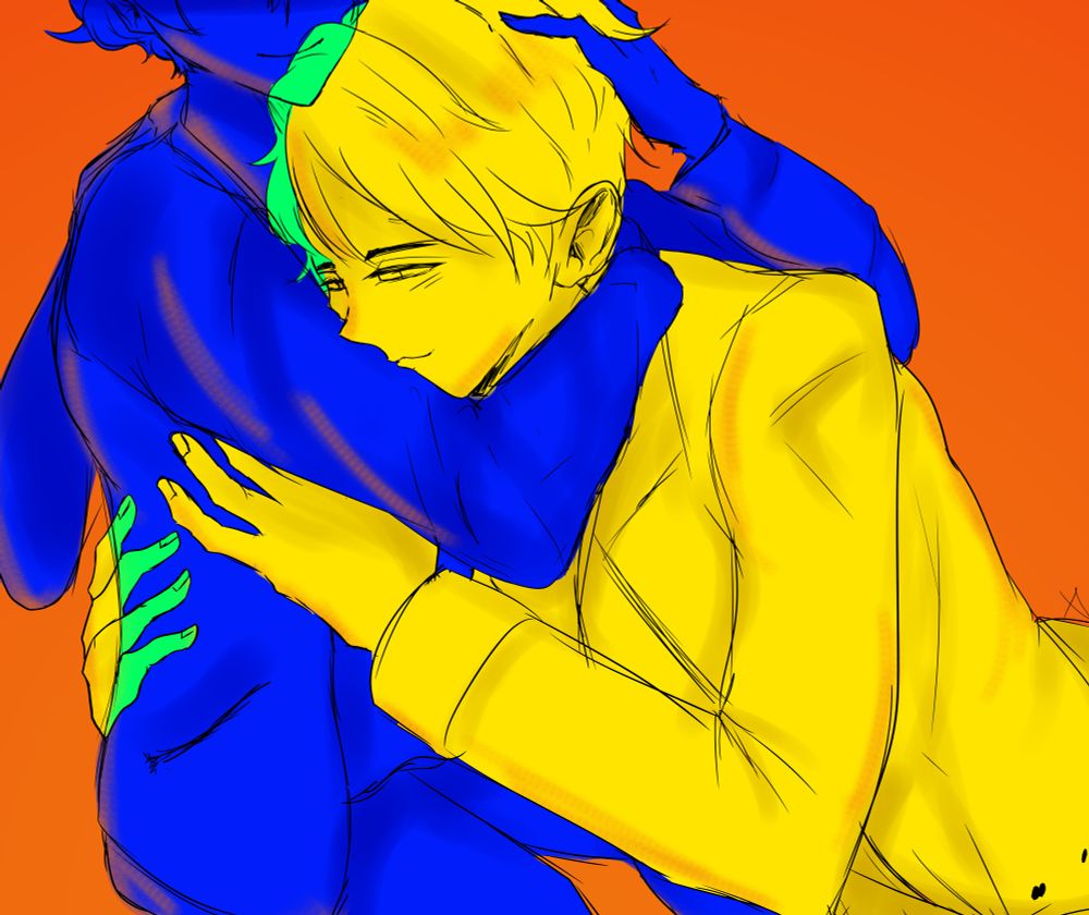 A man named Yuuto Ikimono is a figure in blue while a man named Ryuuto Suzuki is a figure in yellow. They are in a cuddled embrace as they mirror the ‘I Depend On You’ drawing trend