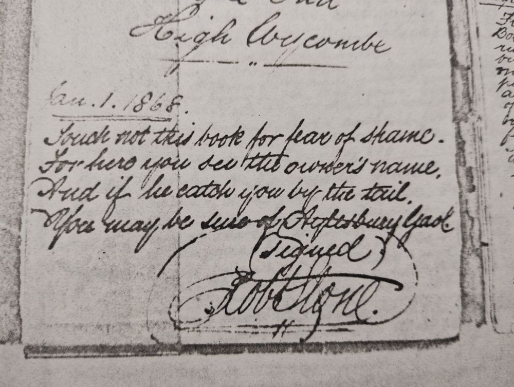 Poem written by the author of this farm diary, warning people against reading it. It is dated January 1st 1868, and reads:
Touch not this book for fear of shame,
For here you see the owner's name,
And if he catch you by the tail,
You may be sure of Aylesbury Goal