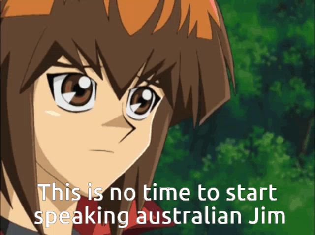 a cartoon character with the words " this is no time to start speaking australian jim " on the bottom