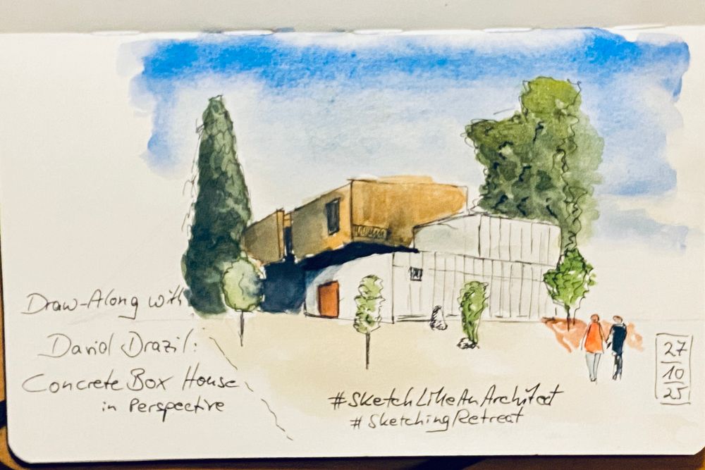Watercoloured inksketch of a modern House build from boxes, wooden coloured in the first storey, grey coloured on ground level. Some simply drawn trees frame the house, two people give a sense for size.