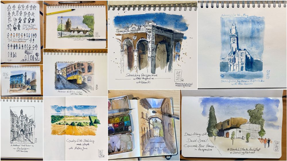 Collage aus 10 Zeichnungen, 8 davon mit Aquarell koloriert. Motive, Formate, Stil und Farbgebung sind sehr unterschiedlich,