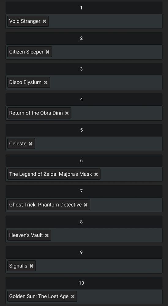 void stranger, citizen sleeper, disco elysium, obra dinn, celeste, majoras mask, ghost trick, heavens vault, signalis, golden sun 2