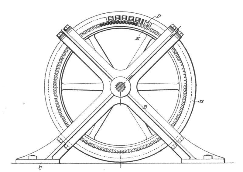 line drawing of a large rotating wheel suspended by two crossed metal beams. the vibe is similar to the Vitruvian Man.